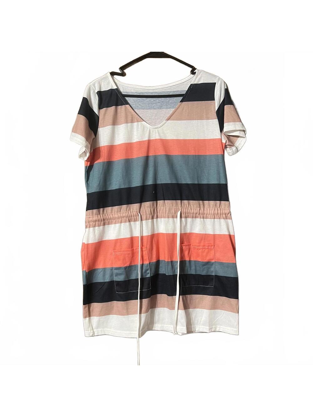 Striped Drawstring Knee-length Dress - Large